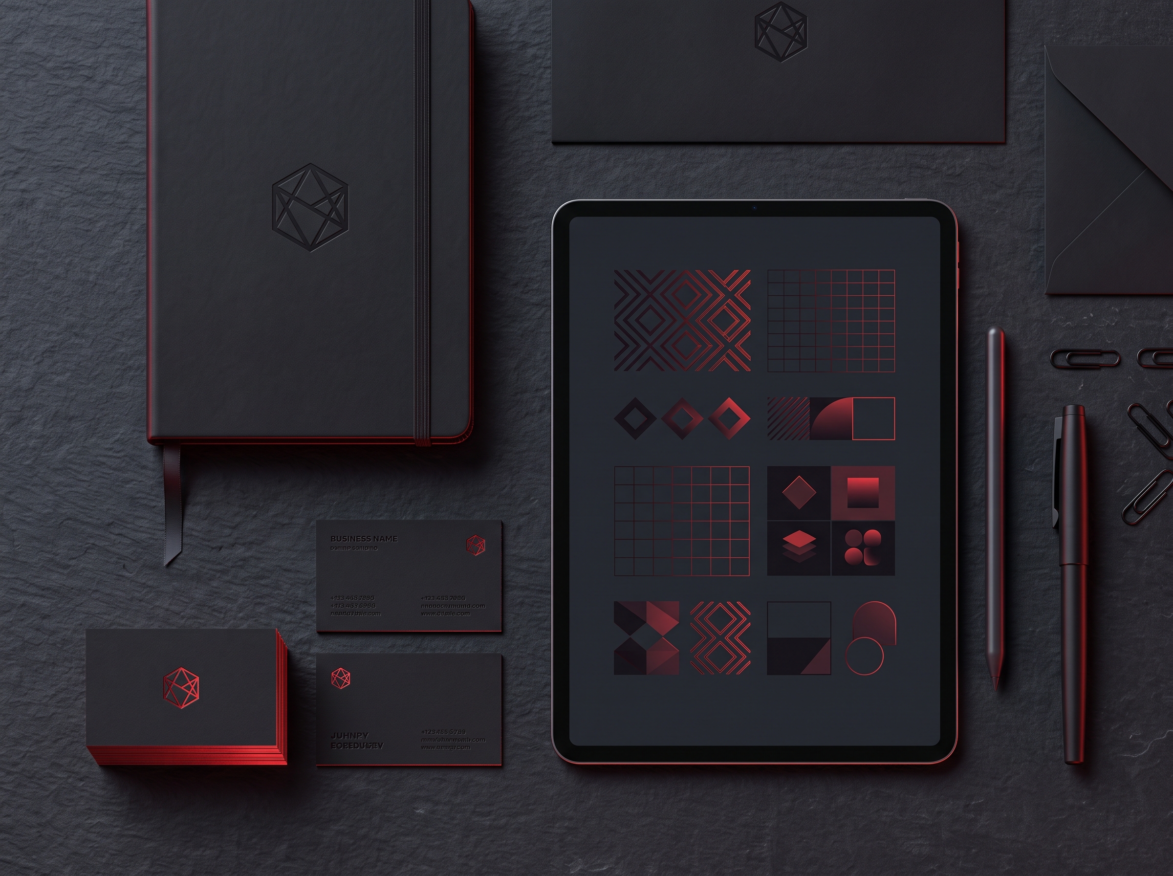 Branding: identity system, logo marks and brand guidelines on a dark studio desk