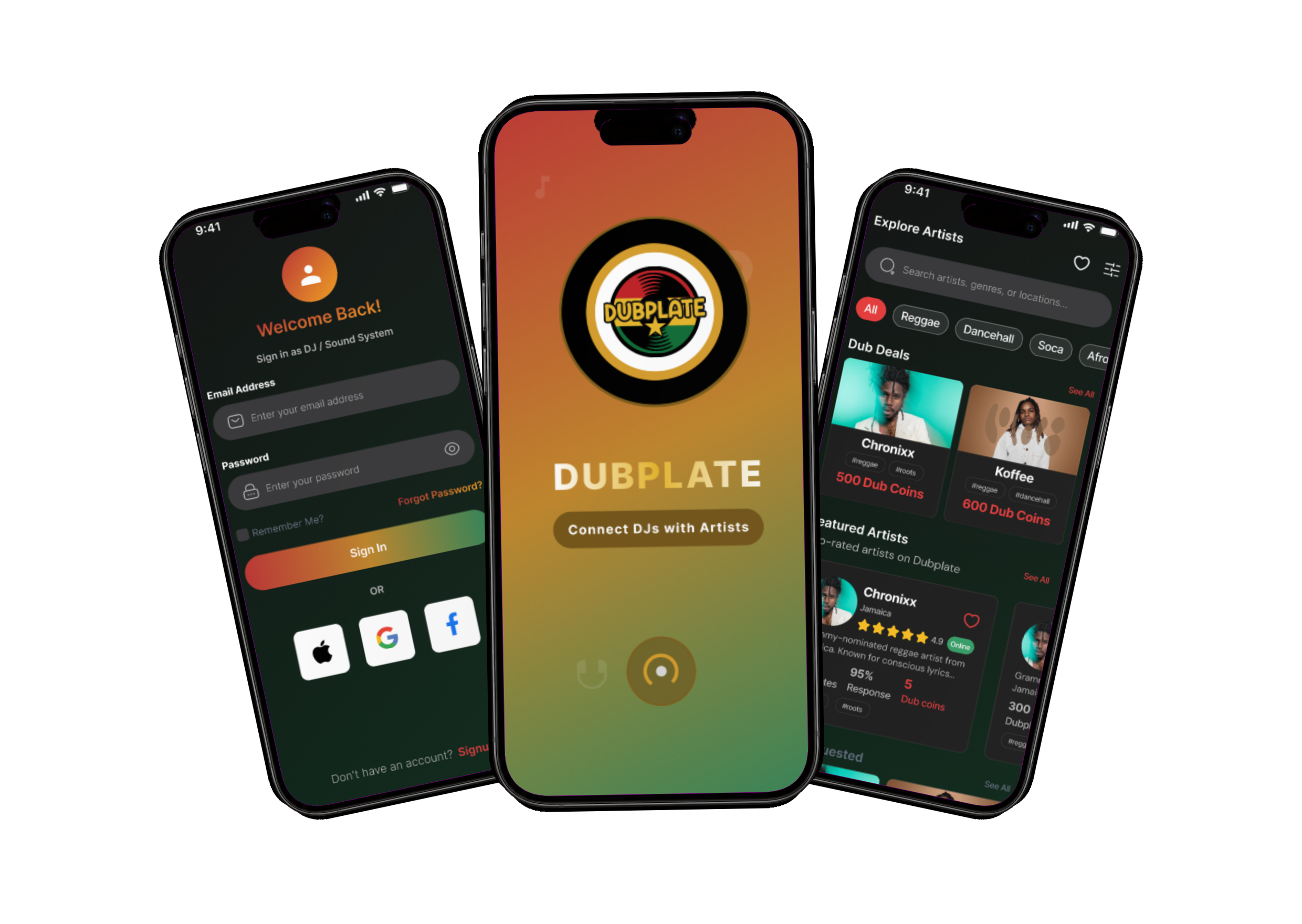 Dubplate on three flagship smartphones — splash, sign-in, and Explore Artists