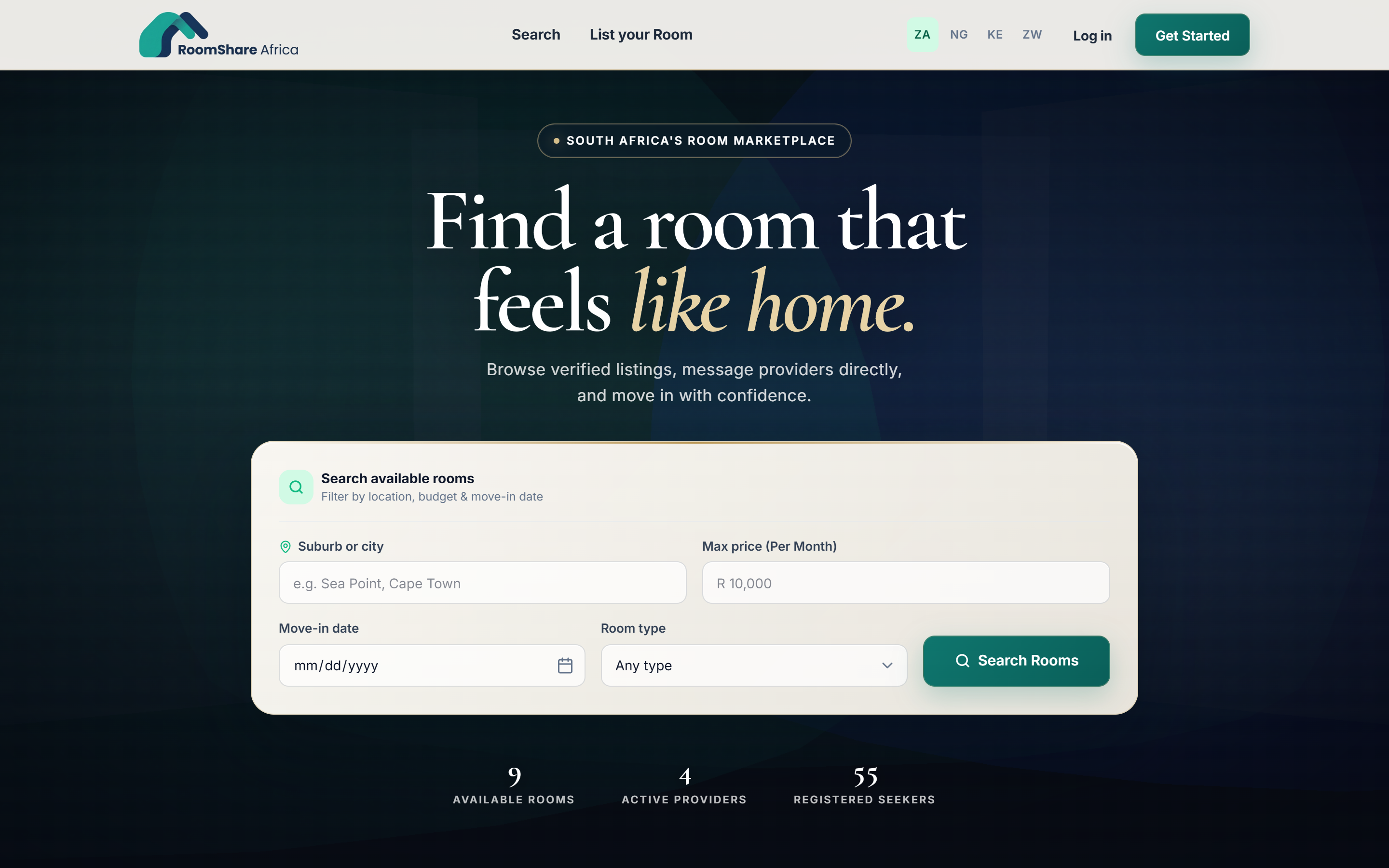 RoomShare Africa homepage — Find a room that feels like home.