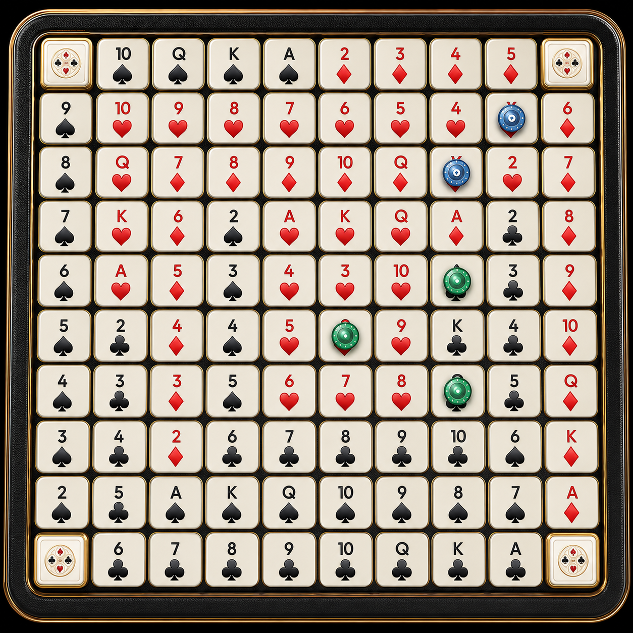 Sequence Rivals 10×10 table with leather frame, gold trim, and glass chips